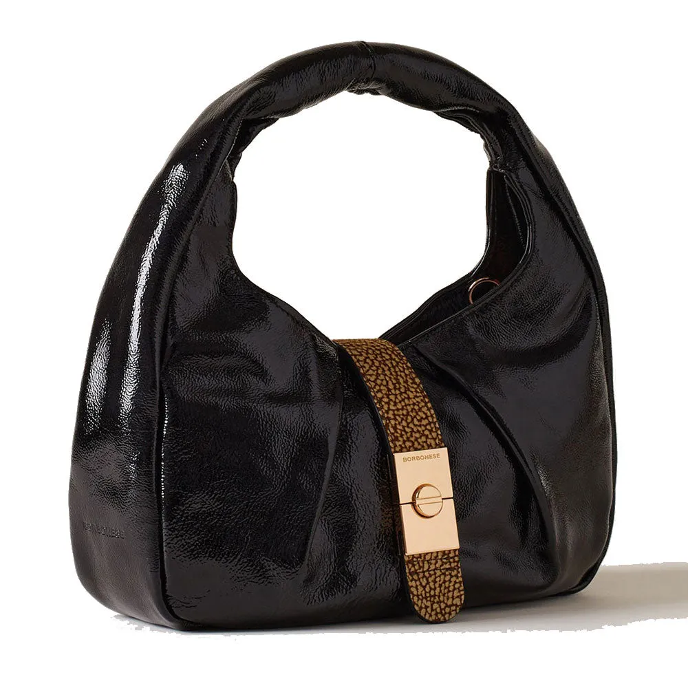 Borsa Donna Hobo Small BORBONESE linea Cortina in Vernice Nera con Inserti in Camoscio OP