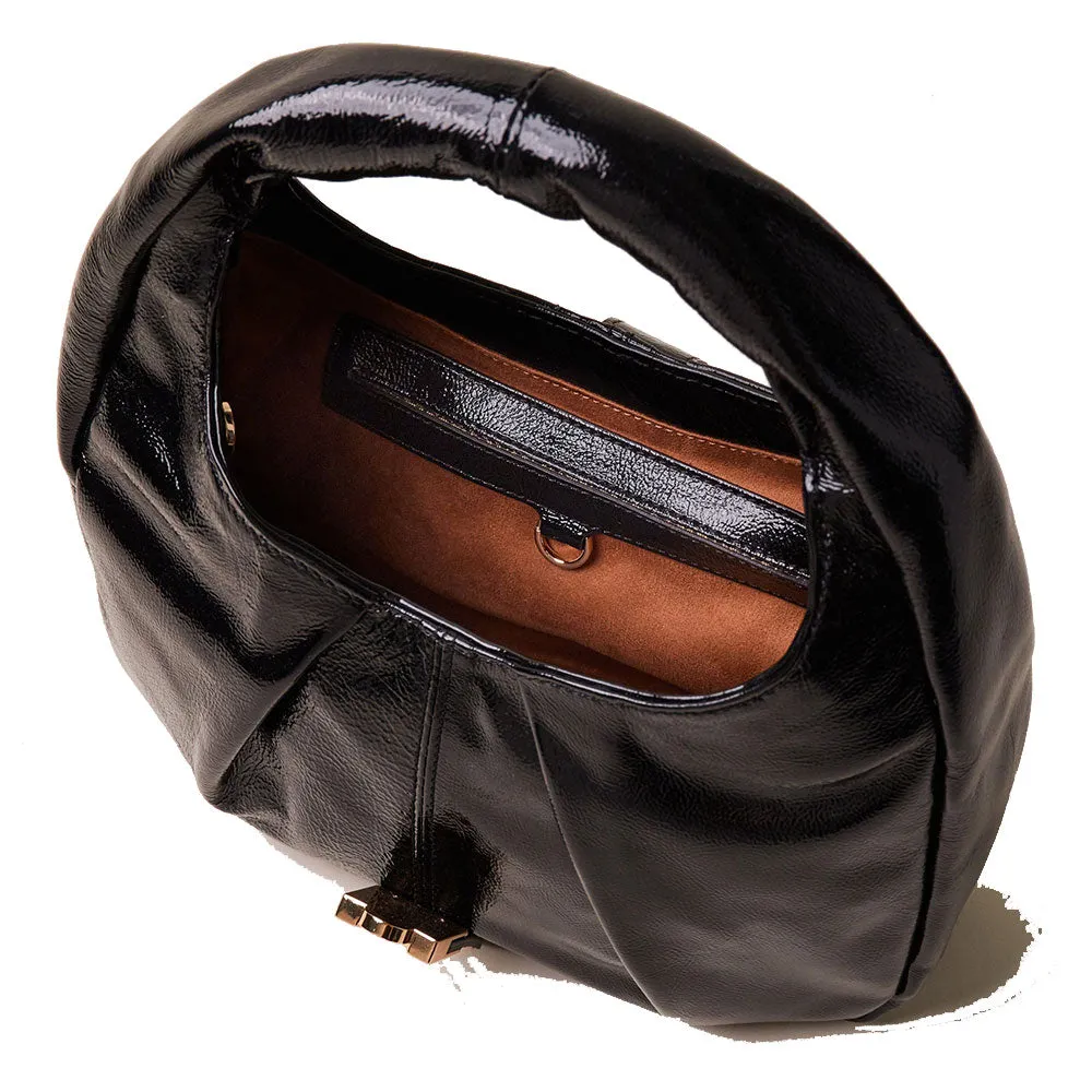 Borsa Donna Hobo Small BORBONESE linea Cortina in Vernice Nera con Inserti in Camoscio OP