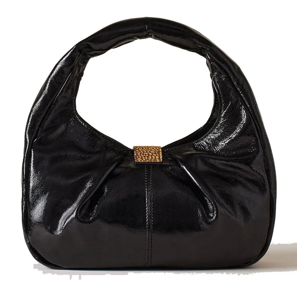 Borsa Donna Hobo Small BORBONESE linea Cortina in Vernice Nera con Inserti in Camoscio OP