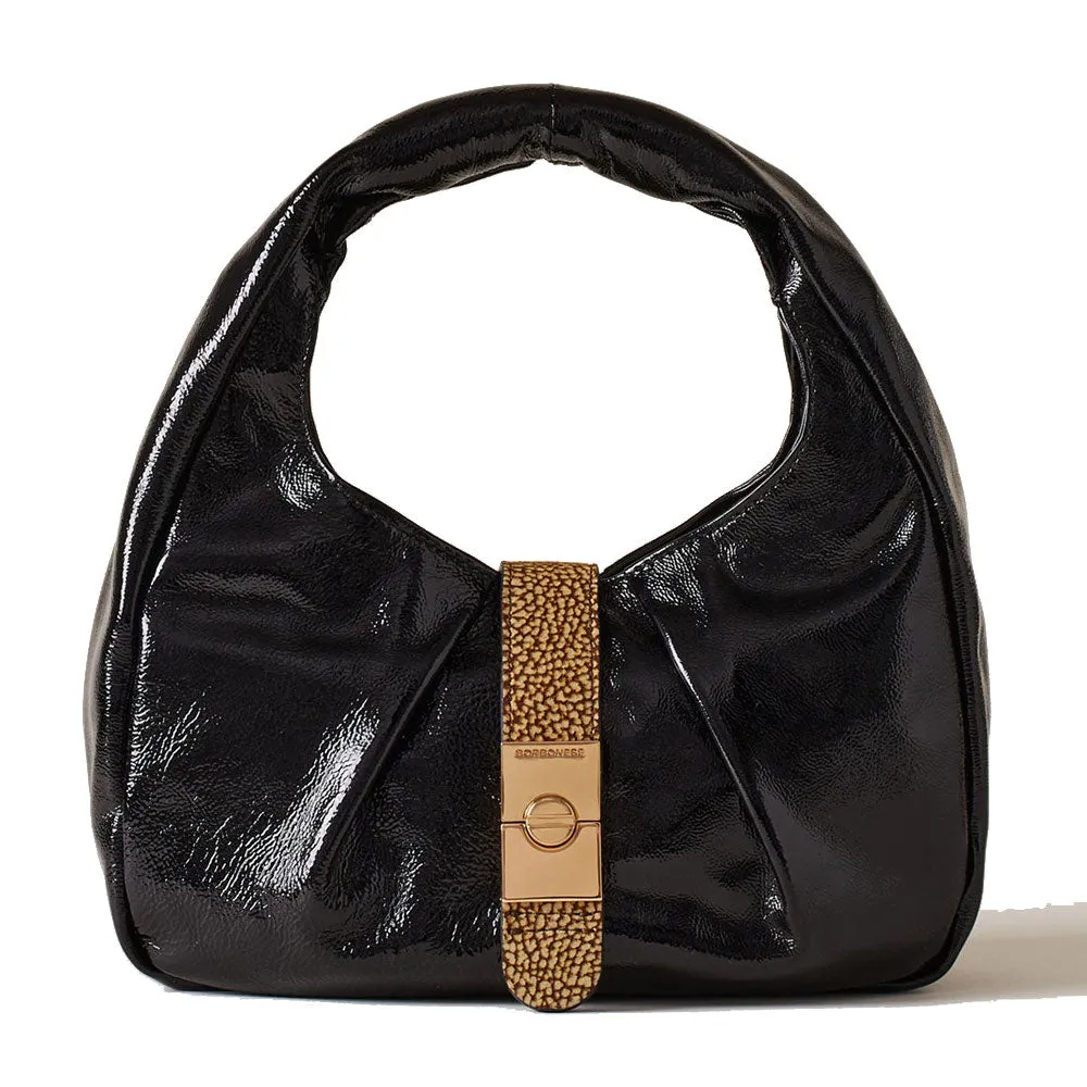 Borsa Donna Hobo Small BORBONESE linea Cortina in Vernice Nera con Inserti in Camoscio OP