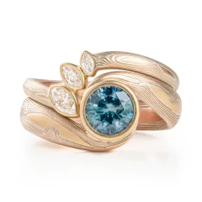 Botanic Mokume Gane Ring Set in Woodgrain Pattern with Sapphire and Diamonds