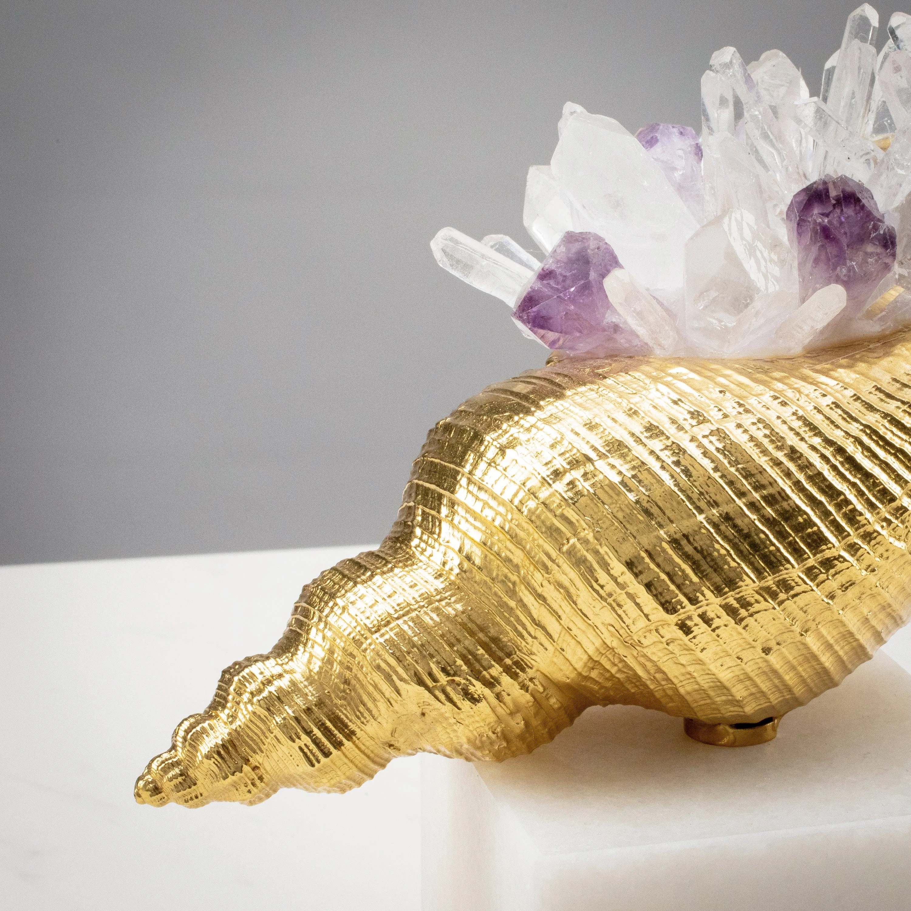 Brass Sea Shell with Quartz and Amethyst Cluster on Marble Base