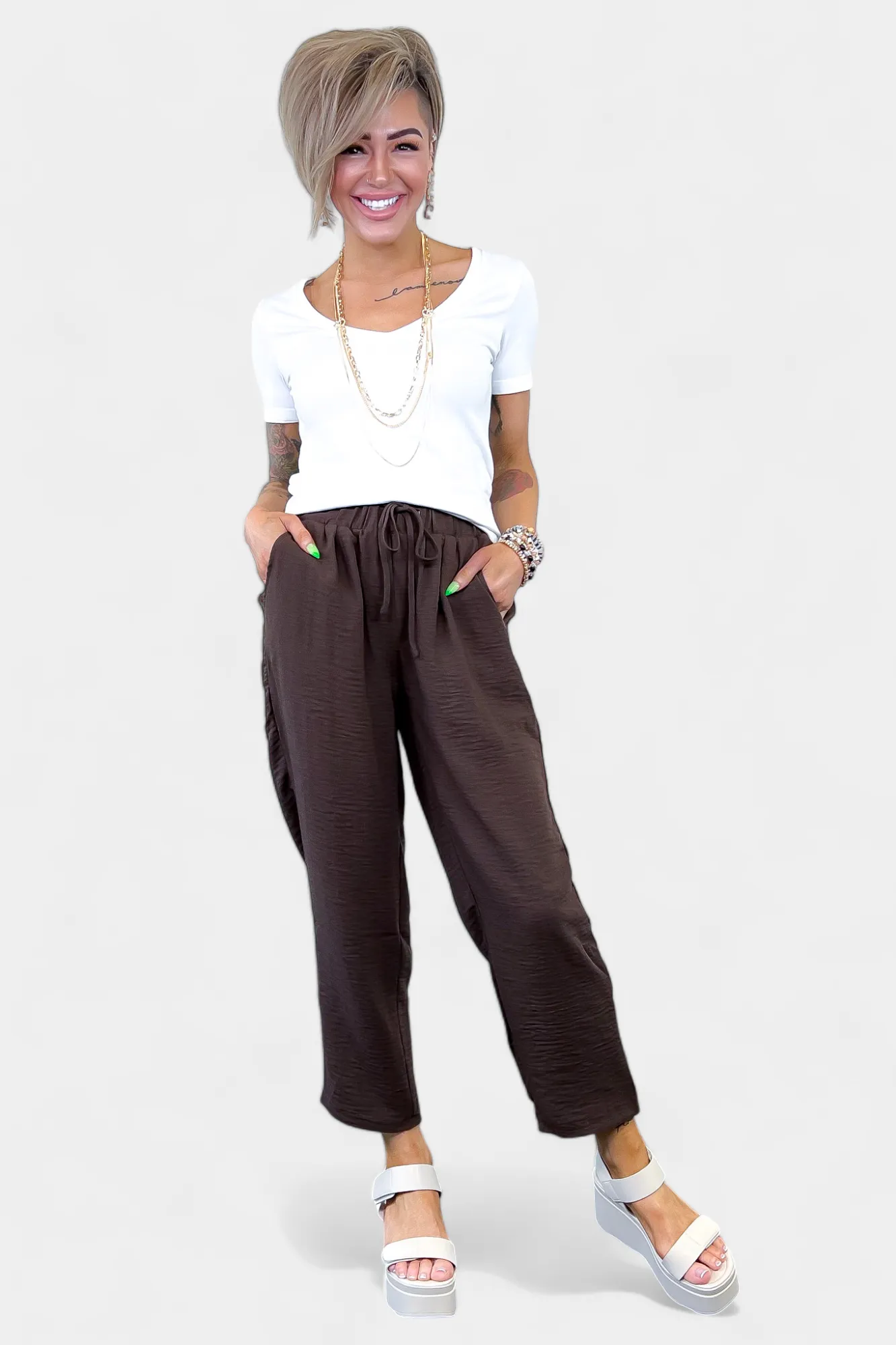 Brown Drawstring Crop Pants