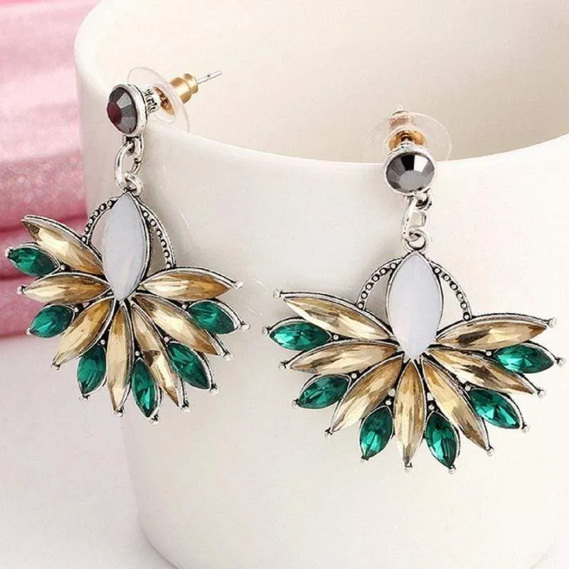 Bursting Flower Green-Amber Gem Earrings