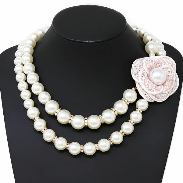 Camelia Flower Detail Pearl Beaded Layered Necklace