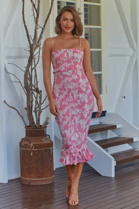 Ceres Shirred Pink Floral Midi Dress