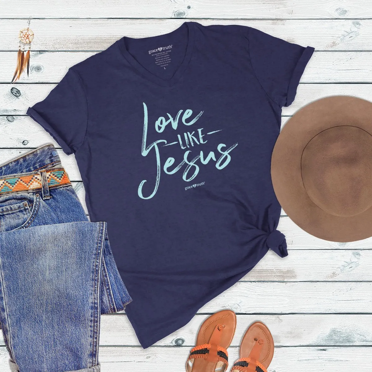 Cherished Girl Grace & Truth Love like Jesus V-Neck Girlie Christian Bright T Shirt