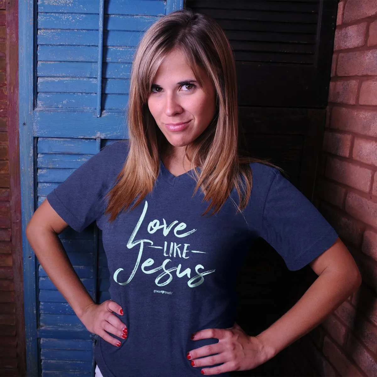 Cherished Girl Grace & Truth Love like Jesus V-Neck Girlie Christian Bright T Shirt