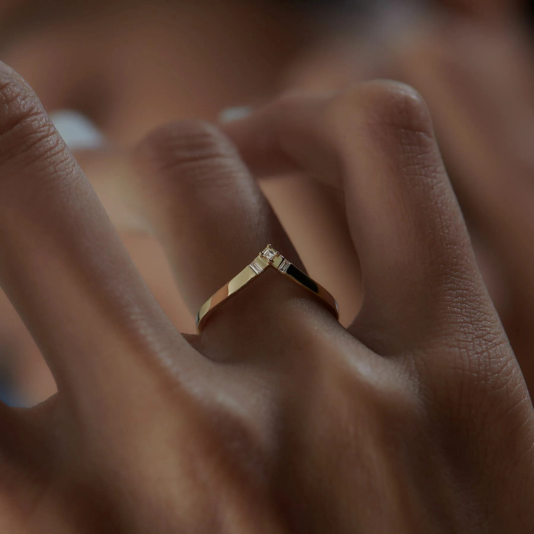 Chevron Wedding Ring with Baguette and Carre Diamonds