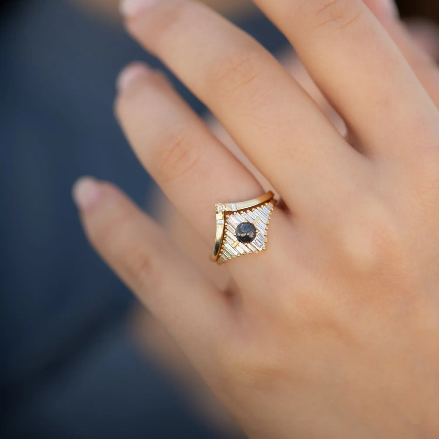 Chevron Wedding Ring with Baguette and Carre Diamonds