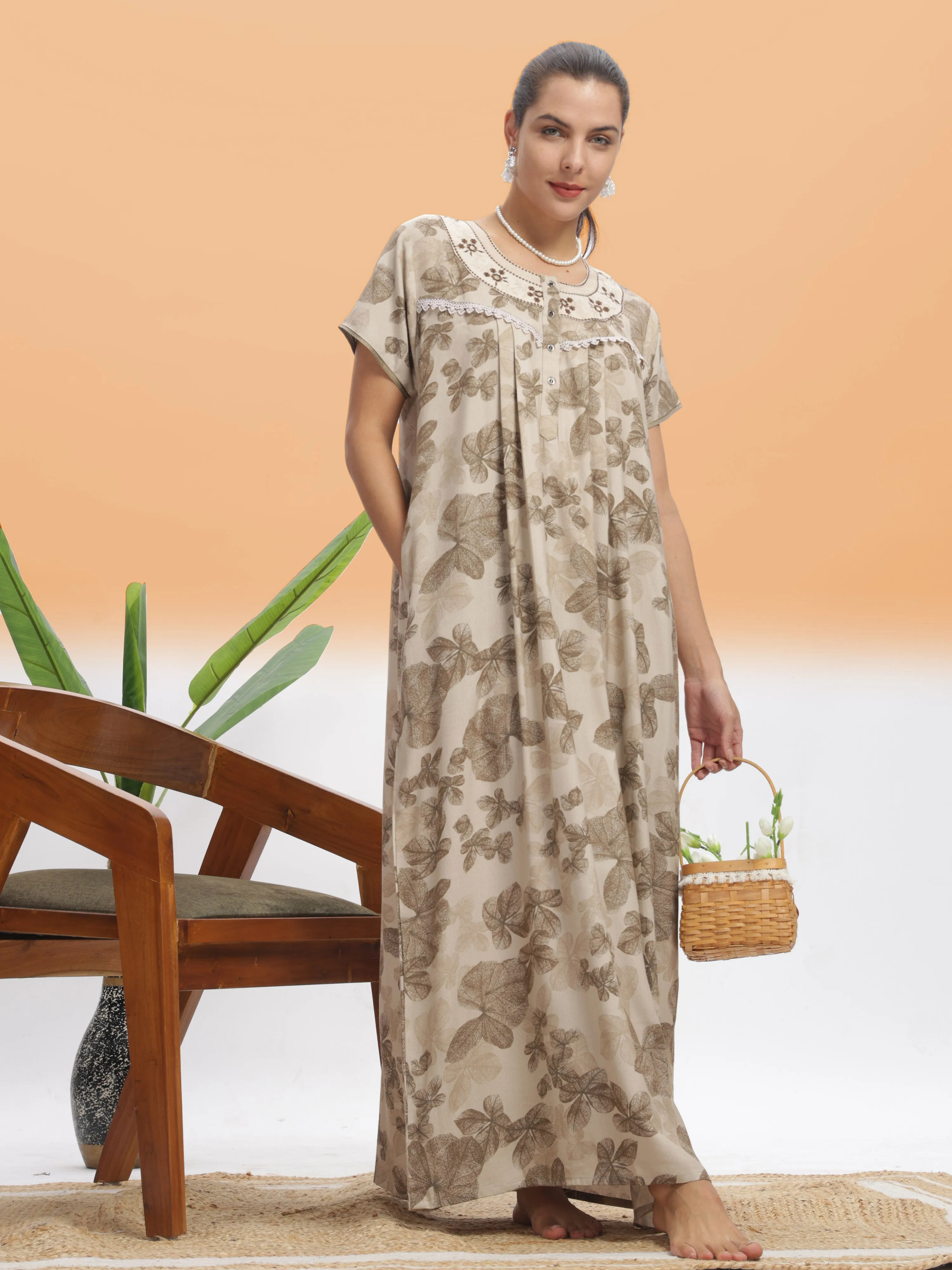 Chic Beige Leaf Alpine Maxi Nighty - Designer Sleepwear