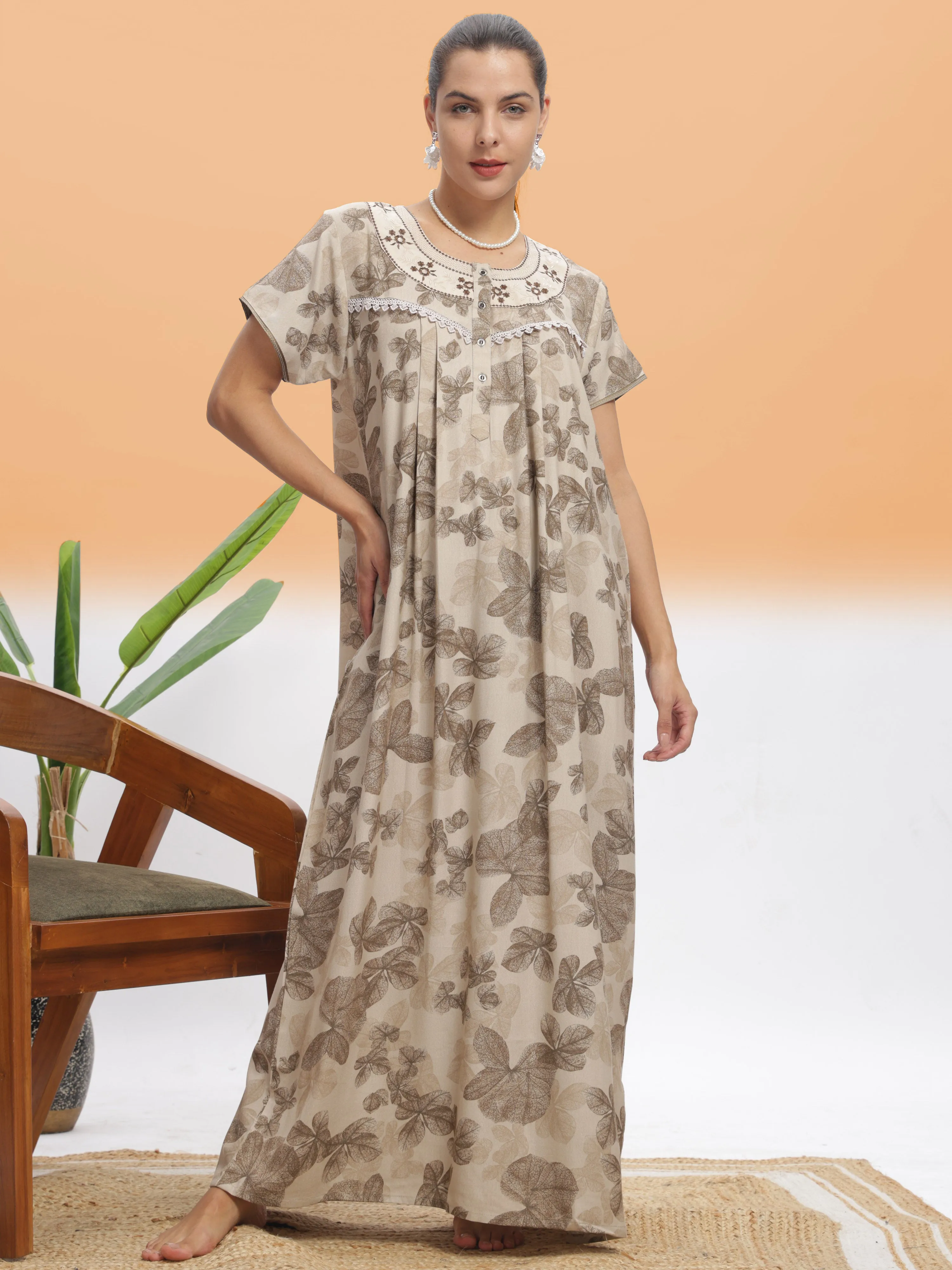 Chic Beige Leaf Alpine Maxi Nighty - Designer Sleepwear