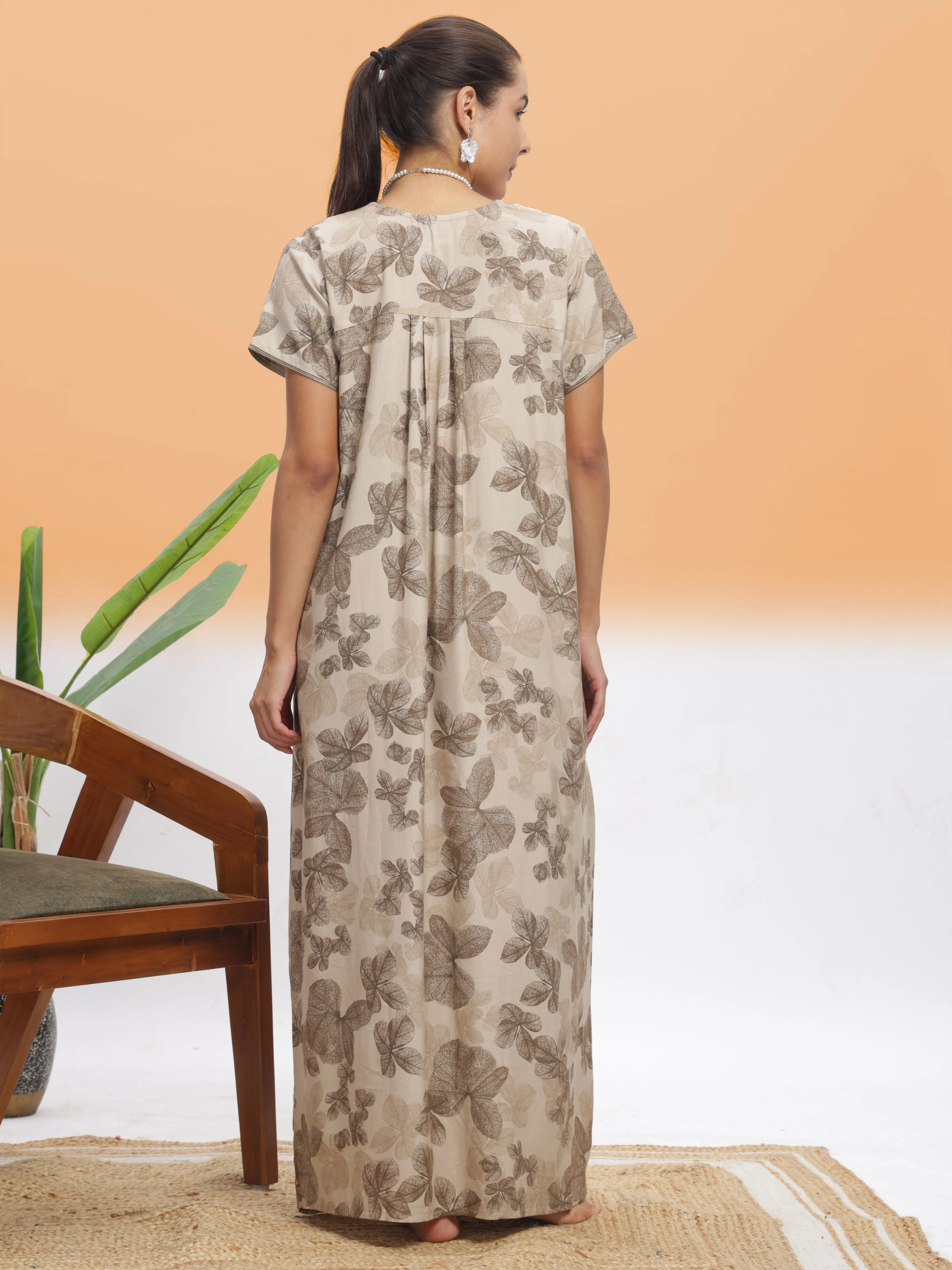 Chic Beige Leaf Alpine Maxi Nighty - Designer Sleepwear