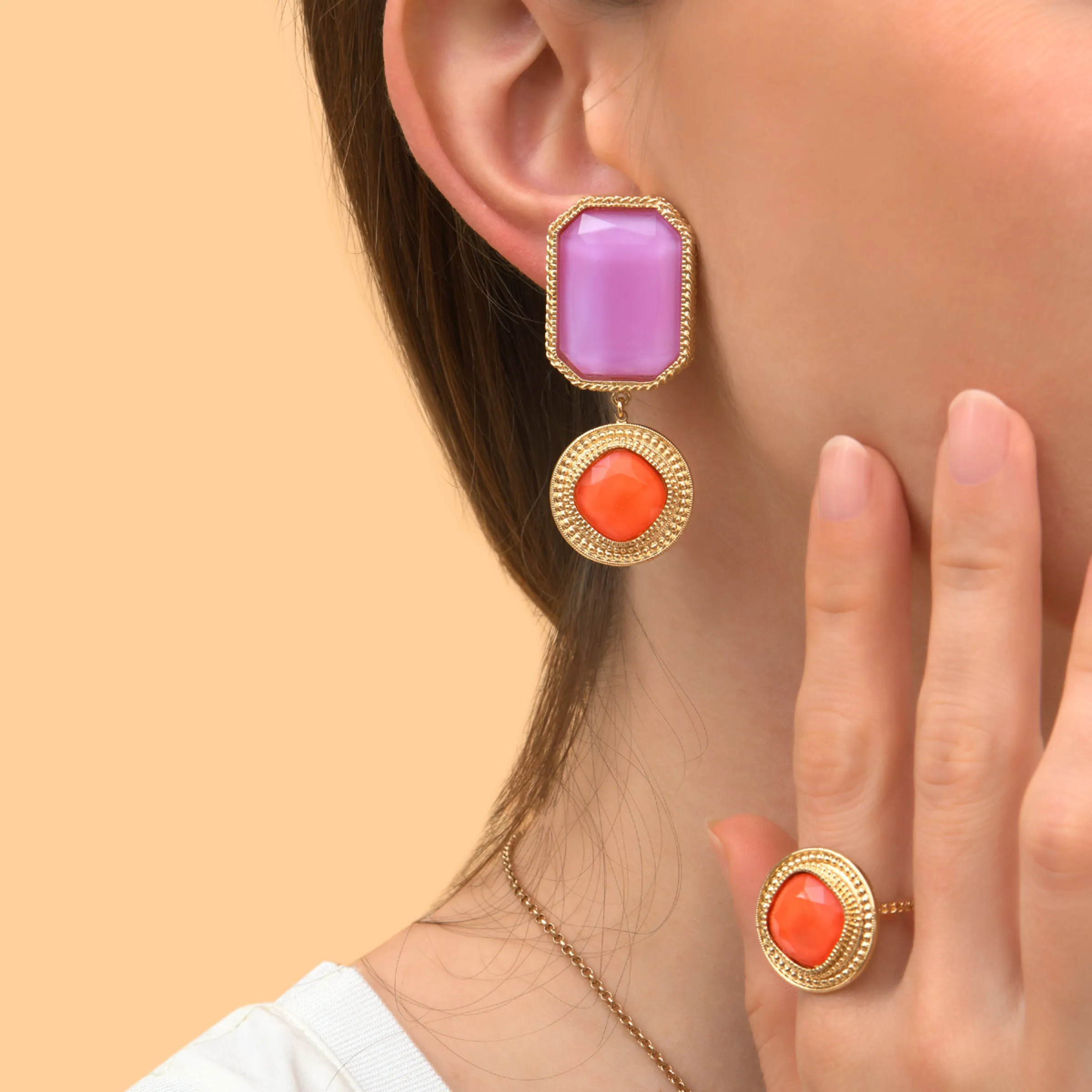 Chic Colorful Gold Statement Earrings by Satellite Paris - Magenta and Orange