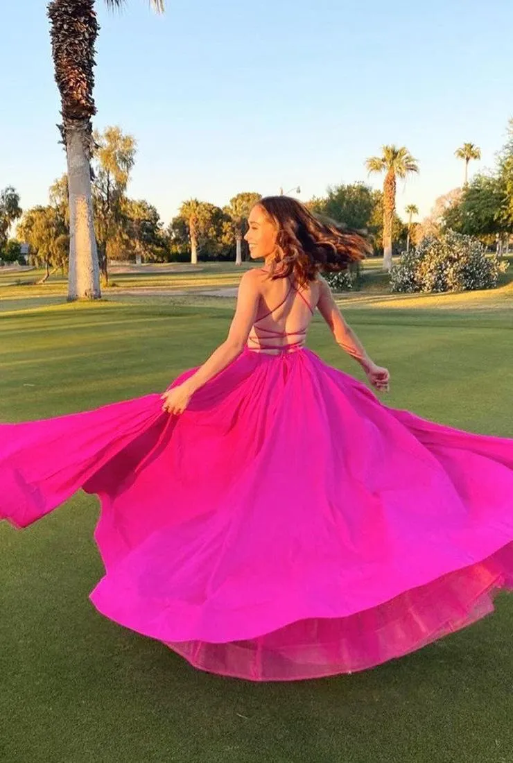 Chic Fuchsia A-line Spaghetti Straps Chiffon Long Prom Dresses