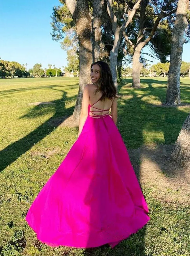 Chic Fuchsia A-line Spaghetti Straps Chiffon Long Prom Dresses