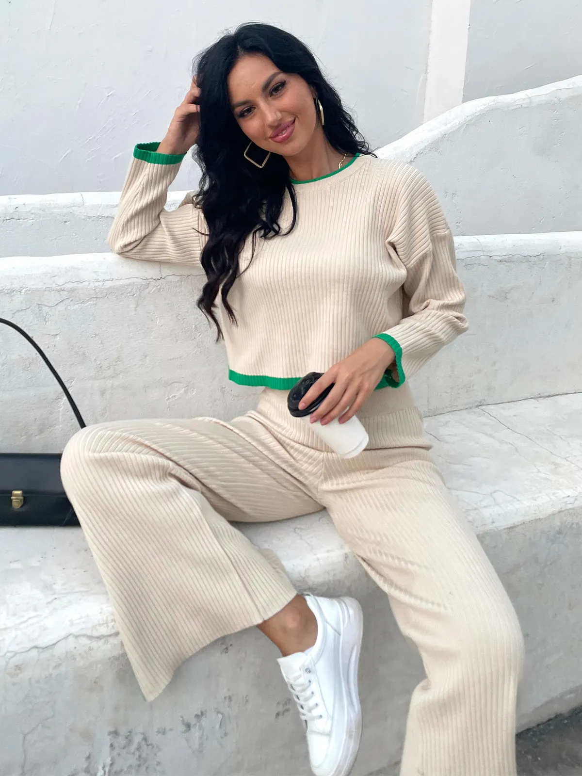 Contrast Knit Sweater & Elastic Waist Slit Pant 2 Piece Lounge Set