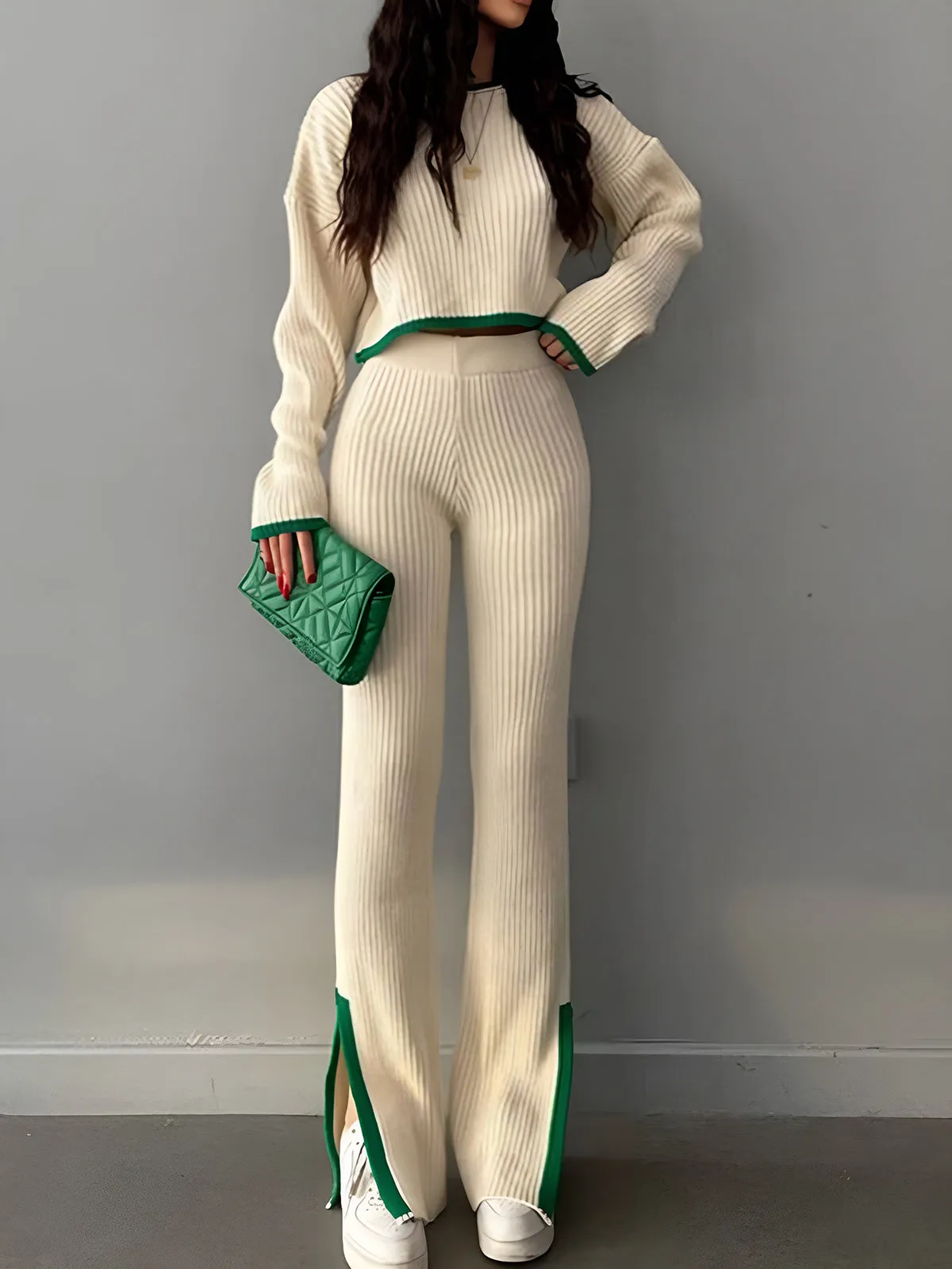 Contrast Knit Sweater & Elastic Waist Slit Pant 2 Piece Lounge Set