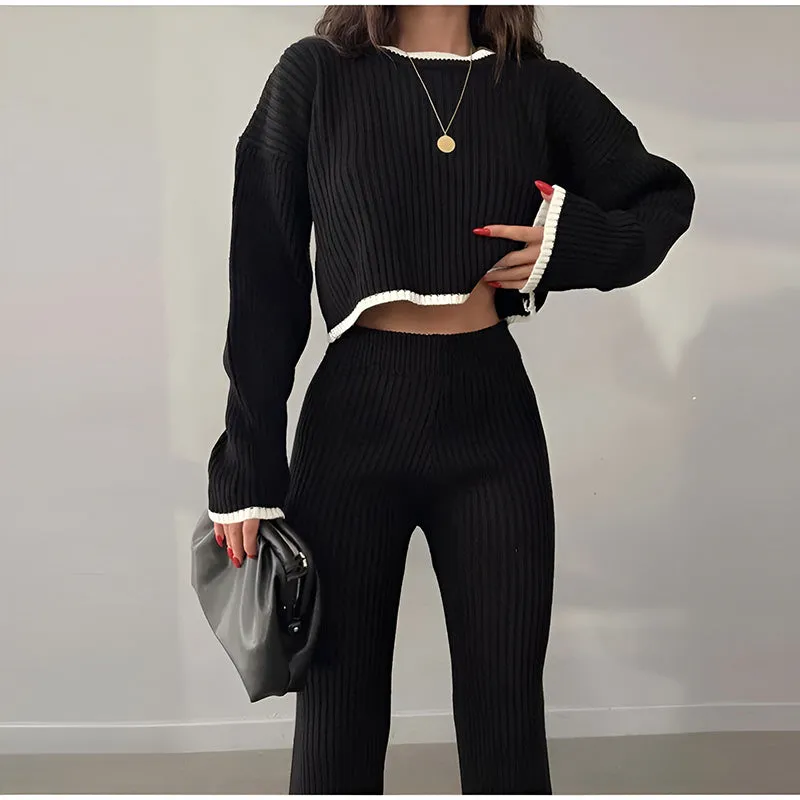 Contrast Knit Sweater & Elastic Waist Slit Pant 2 Piece Lounge Set