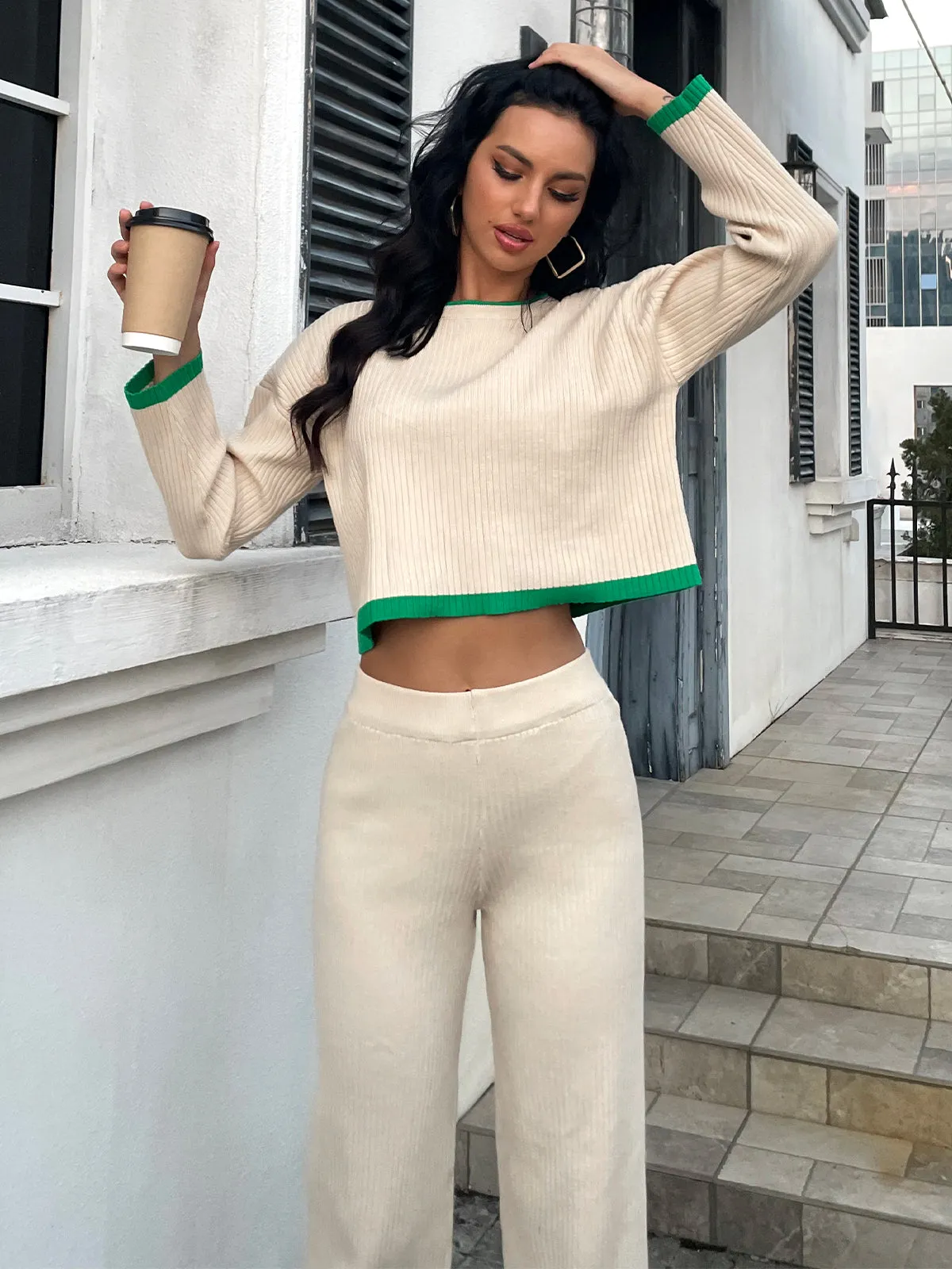 Contrast Knit Sweater & Elastic Waist Slit Pant 2 Piece Lounge Set