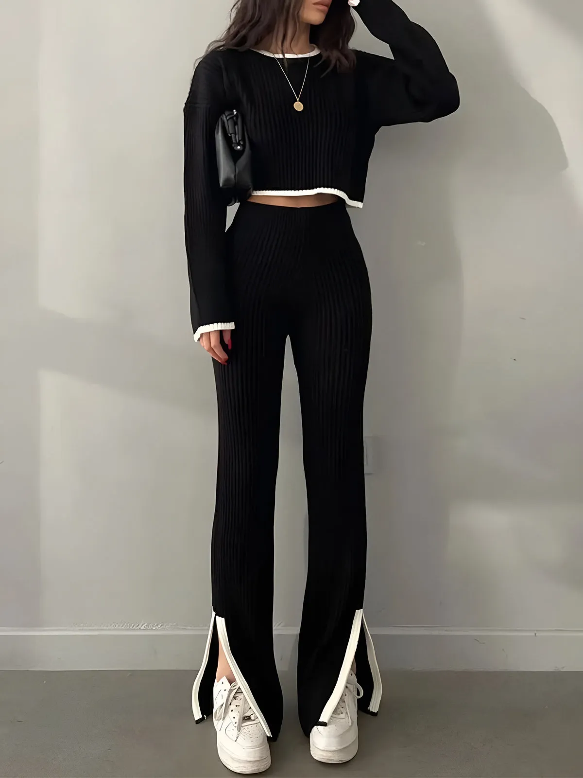 Contrast Knit Sweater & Elastic Waist Slit Pant 2 Piece Lounge Set