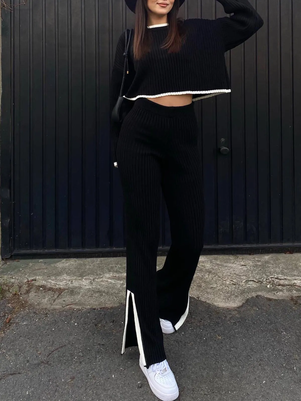 Contrast Knit Sweater & Elastic Waist Slit Pant 2 Piece Lounge Set