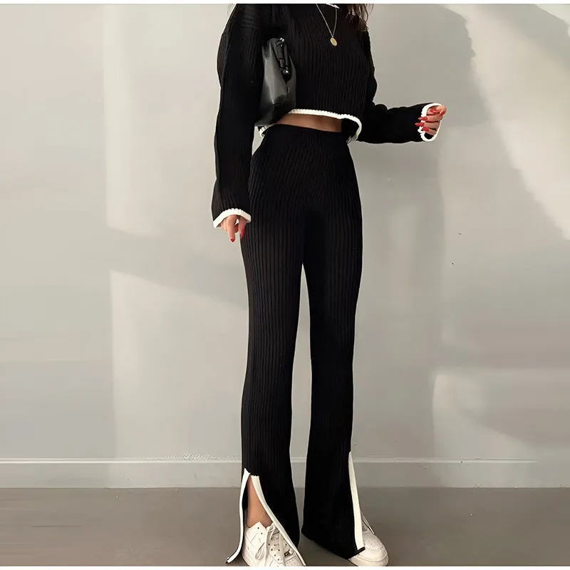 Contrast Knit Sweater & Elastic Waist Slit Pant 2 Piece Lounge Set