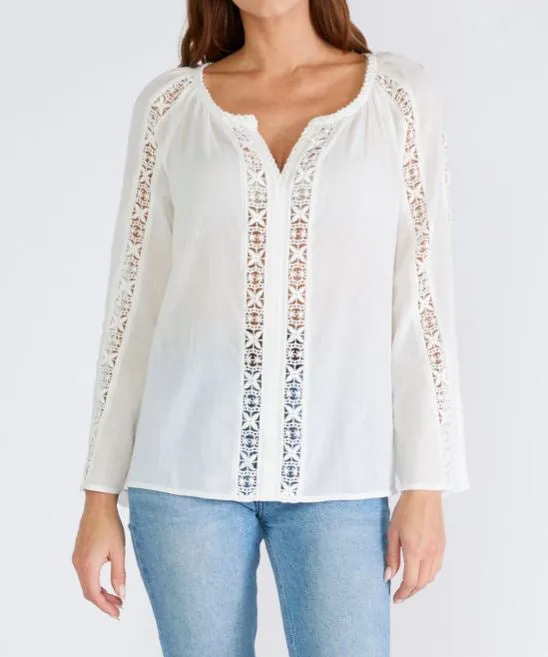 Crochet Floral V-Neck Blouse - White