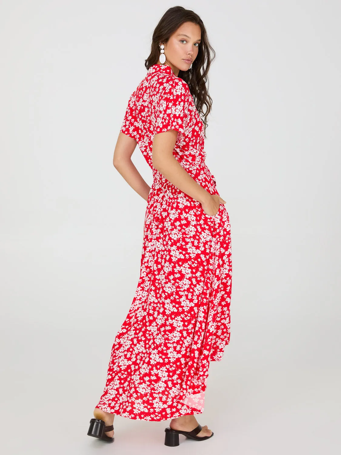 Ditsy Floral Print High-Low Maxi Shirt Dress