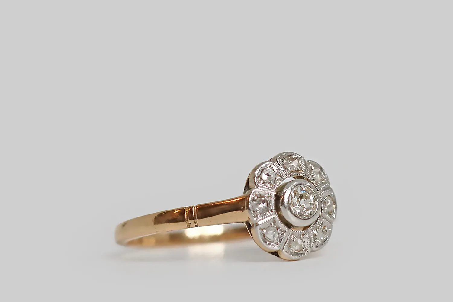 Edwardian Era Flower Form Diamond Cluster Ring in 14k Gold & Platinum