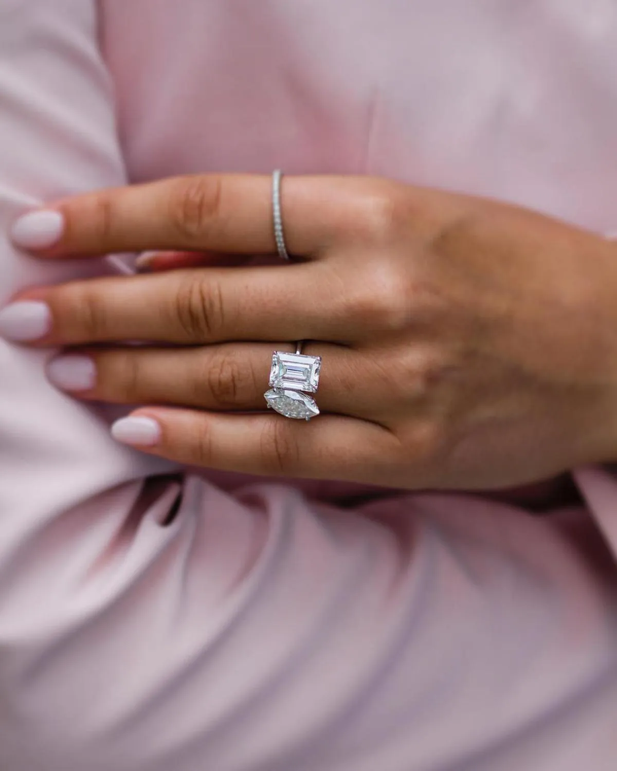 Emerald Cut &  Marquise Cut Moissanite Two Stone Wedding Ring