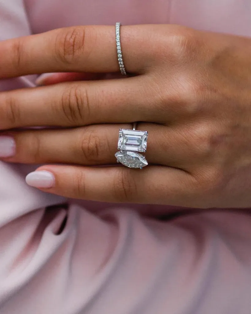 Emerald Cut &  Marquise Cut Moissanite Two Stone Wedding Ring