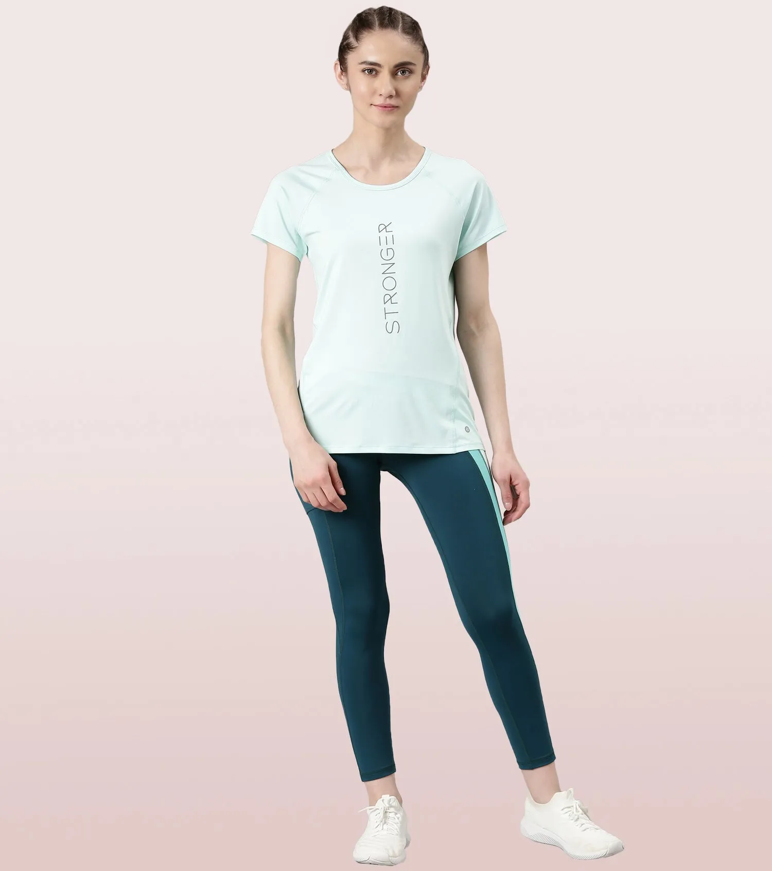 Enamor Active Dry Fit Graphic Tee For Women | Basic T-Shirt With Raglan Sleeve & Scoop Neck Design | Mauve Love - Fearless Graphic