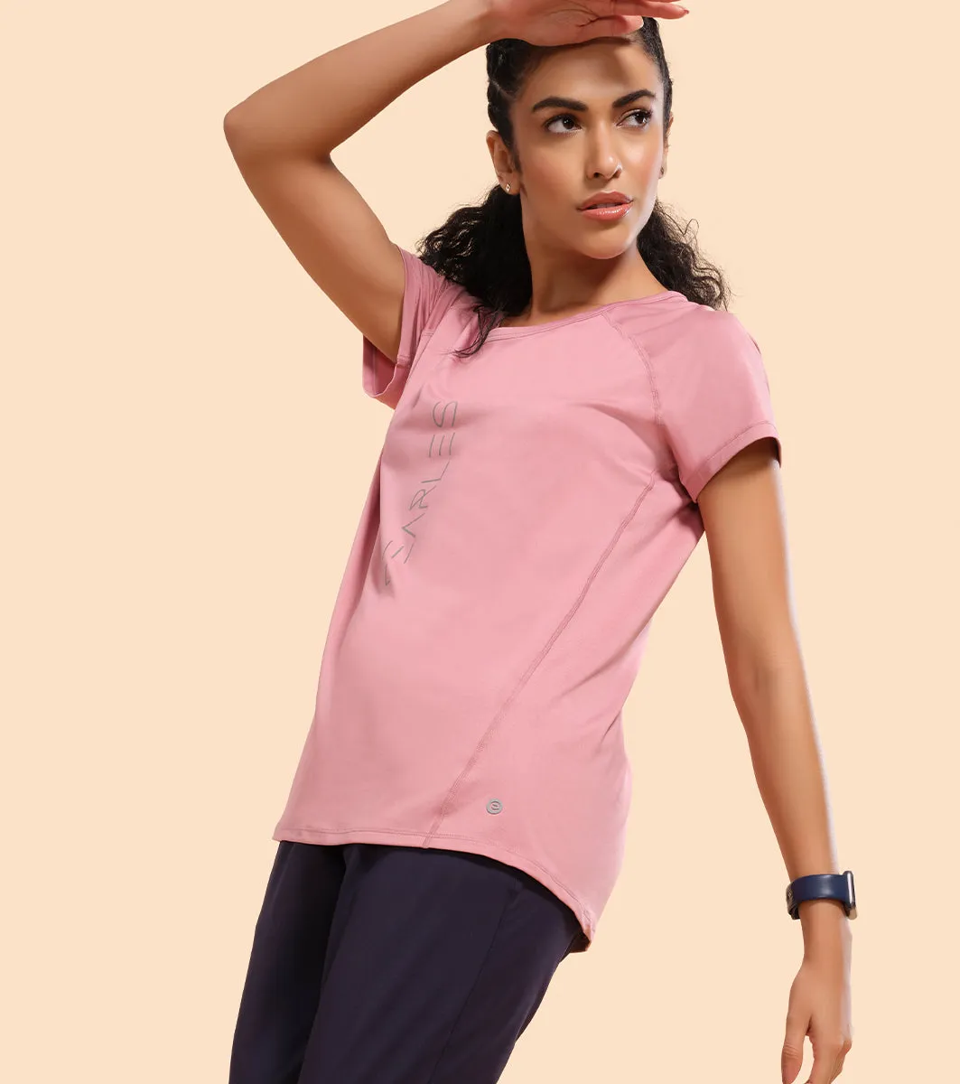 Enamor Active Dry Fit Graphic Tee For Women | Basic T-Shirt With Raglan Sleeve & Scoop Neck Design | Mauve Love - Fearless Graphic