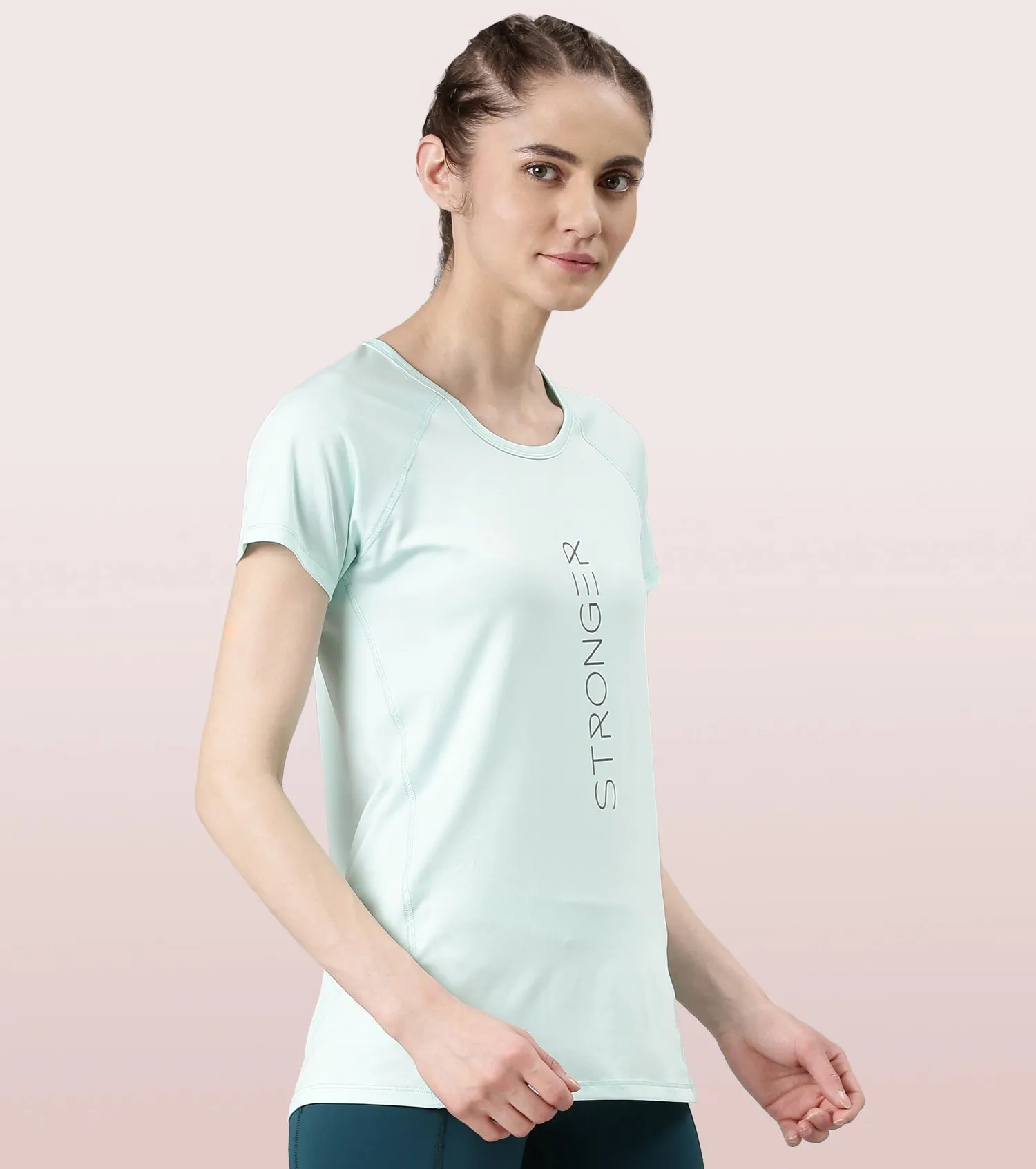 Enamor Active Dry Fit Graphic Tee For Women | Basic T-Shirt With Raglan Sleeve & Scoop Neck Design | Mauve Love - Fearless Graphic