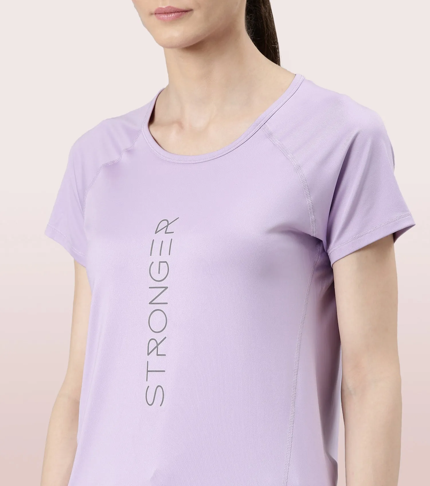 Enamor Active Dry Fit Graphic Tee For Women | Basic T-Shirt With Raglan Sleeve & Scoop Neck Design | Mauve Love - Fearless Graphic