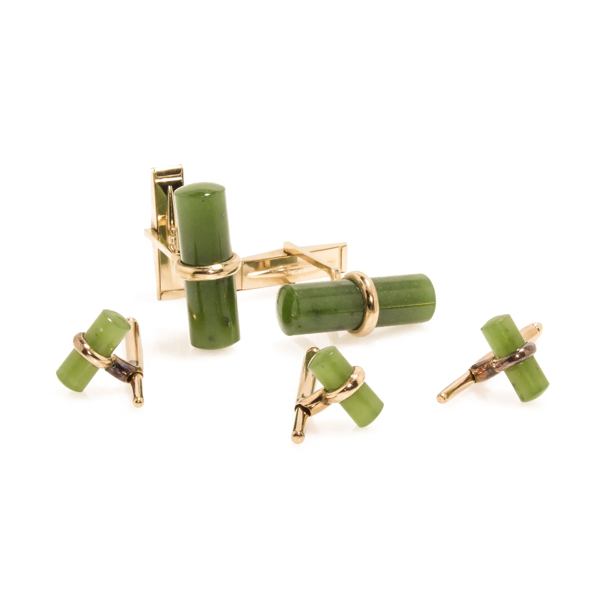 Estate 14K Yellow Gold Nephrite Cufflinks and Shirt Studs Set