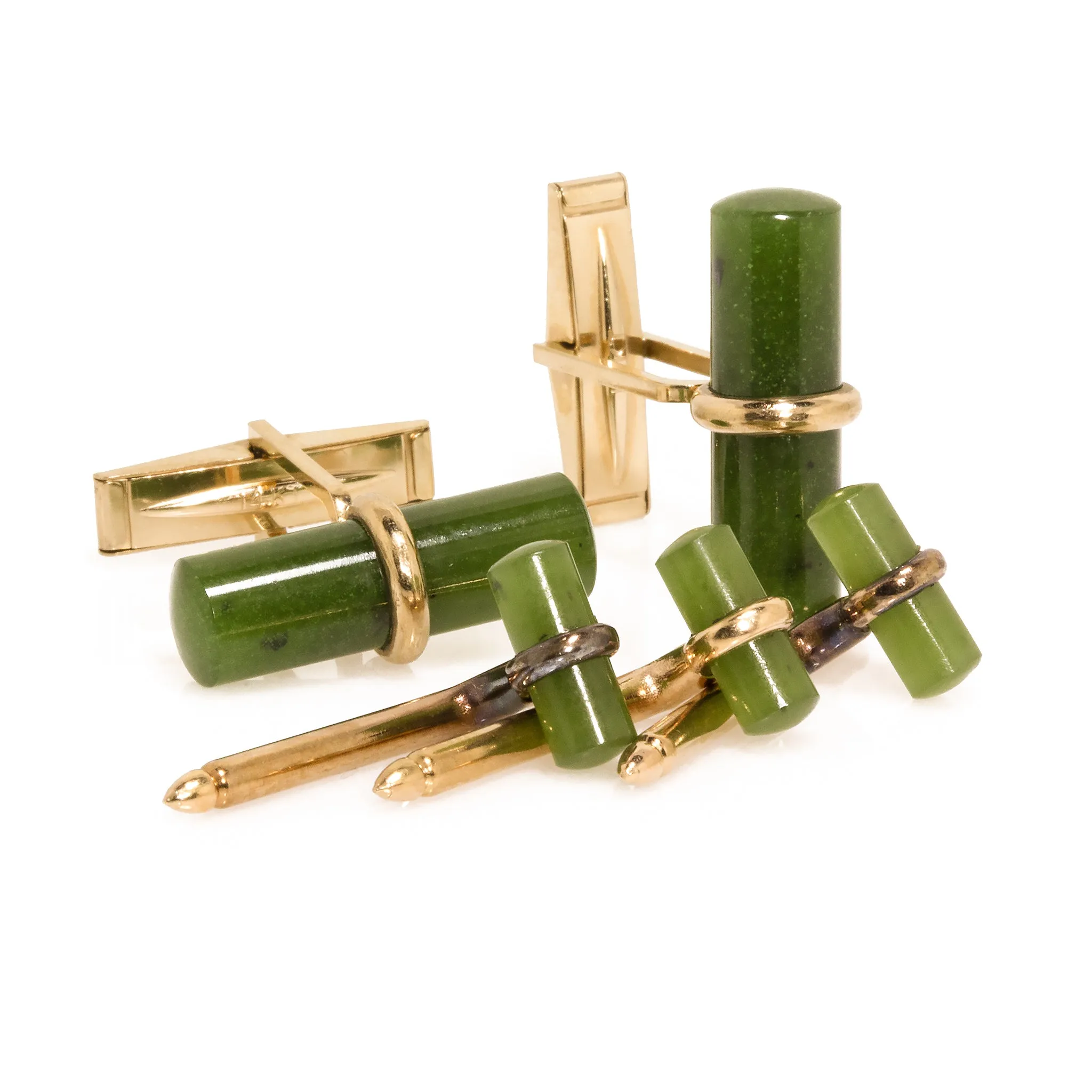 Estate 14K Yellow Gold Nephrite Cufflinks and Shirt Studs Set