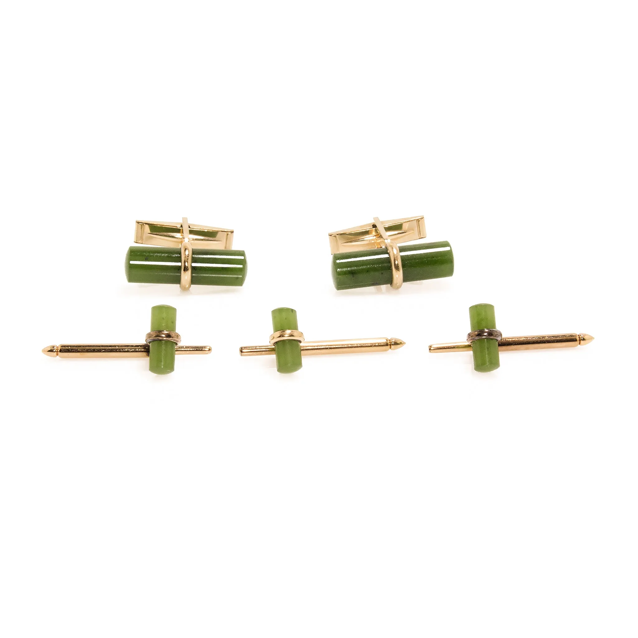 Estate 14K Yellow Gold Nephrite Cufflinks and Shirt Studs Set