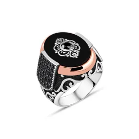 Eye Figureon Black Ellipse Onyx Stone Silver Men's Ring Siding Zircons in Epaulet Shape