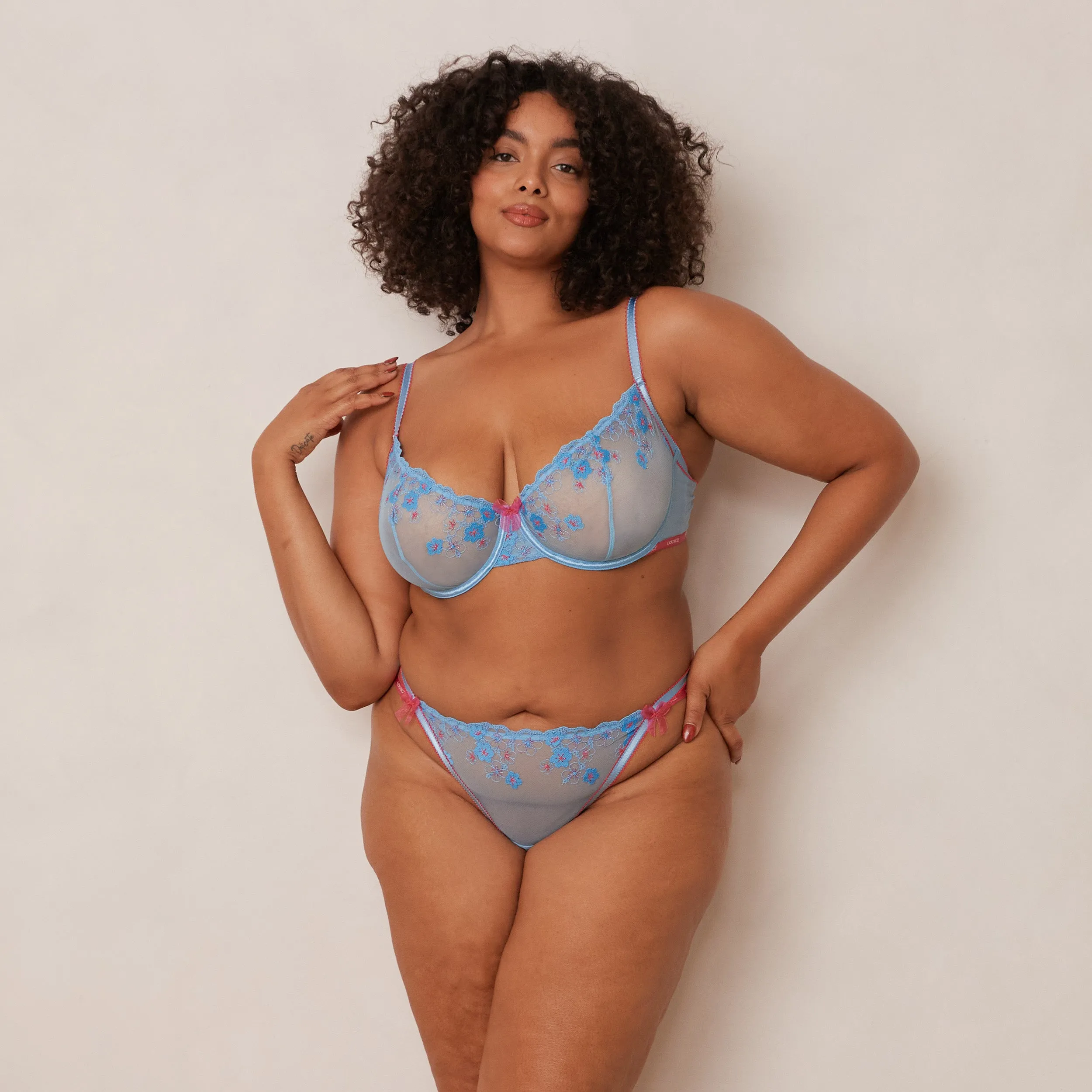 Floral Embroidered Balcony Bra  - Blue