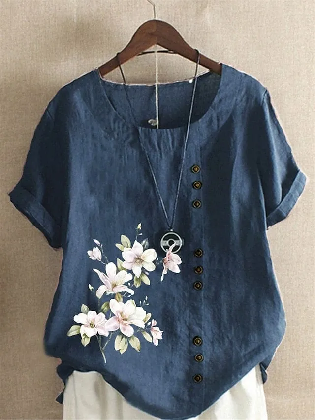 Floral Print Cotton Linen Women's Shirt - Navy Blue and Army Green