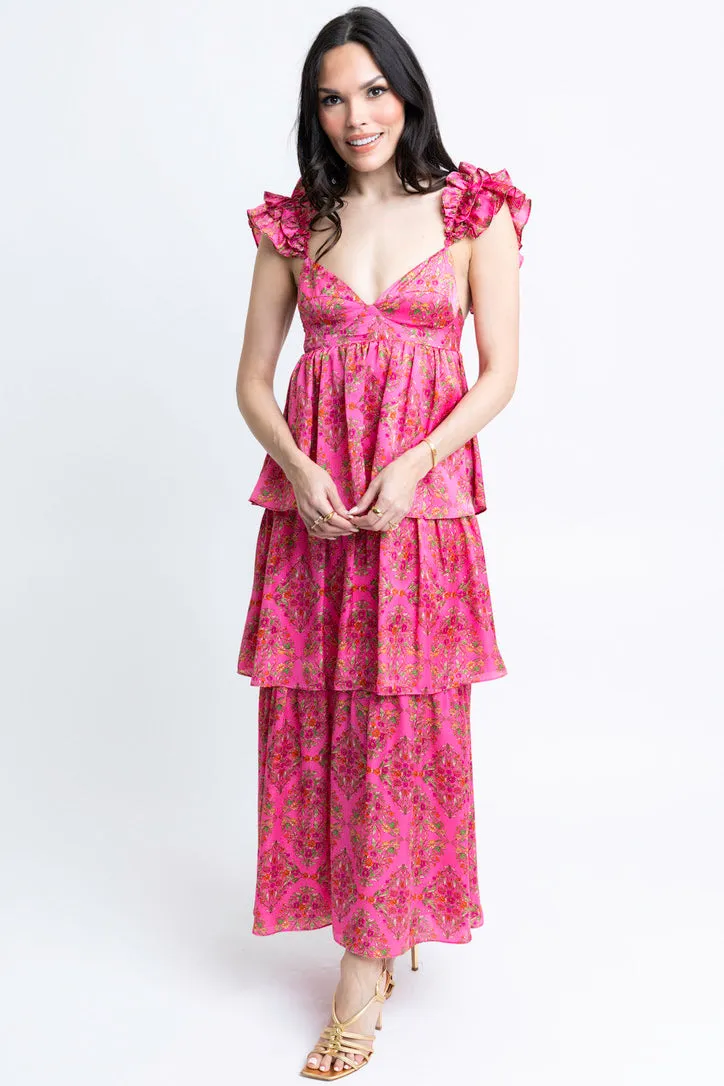 Floral Satin Ruffle Maxi Dress