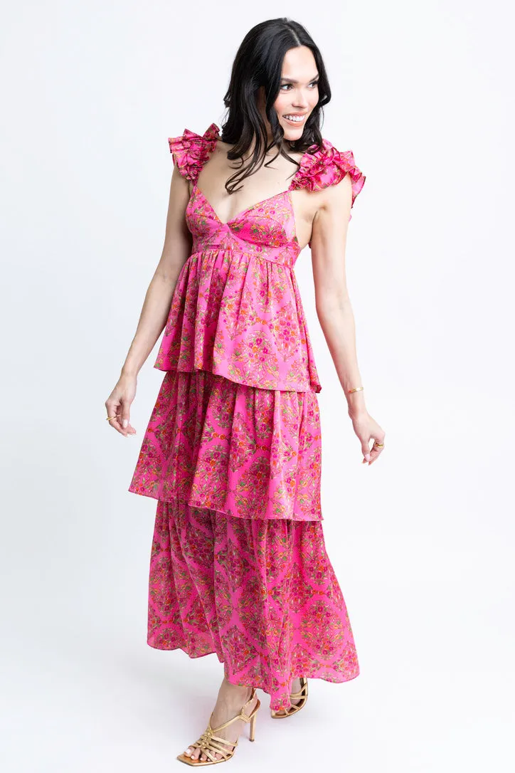 Floral Satin Ruffle Maxi Dress