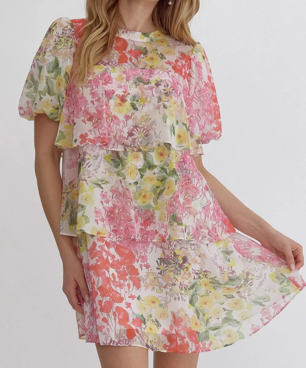 Floral Tiered Mini Dress - Orange Lemon