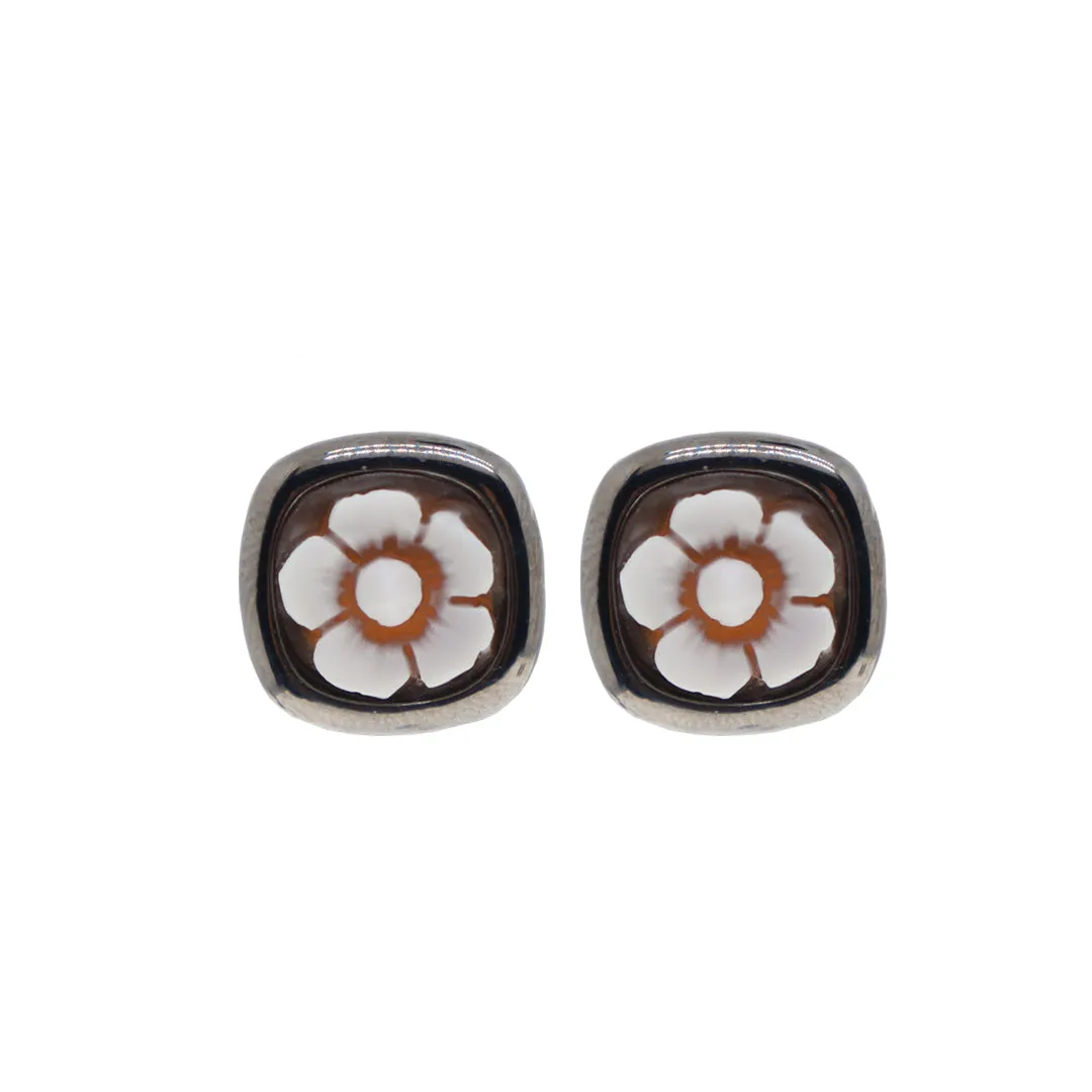 Flower Cameo Square Stud Earrings