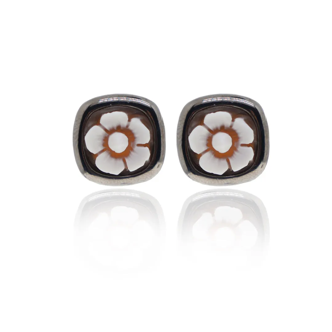 Flower Cameo Square Stud Earrings