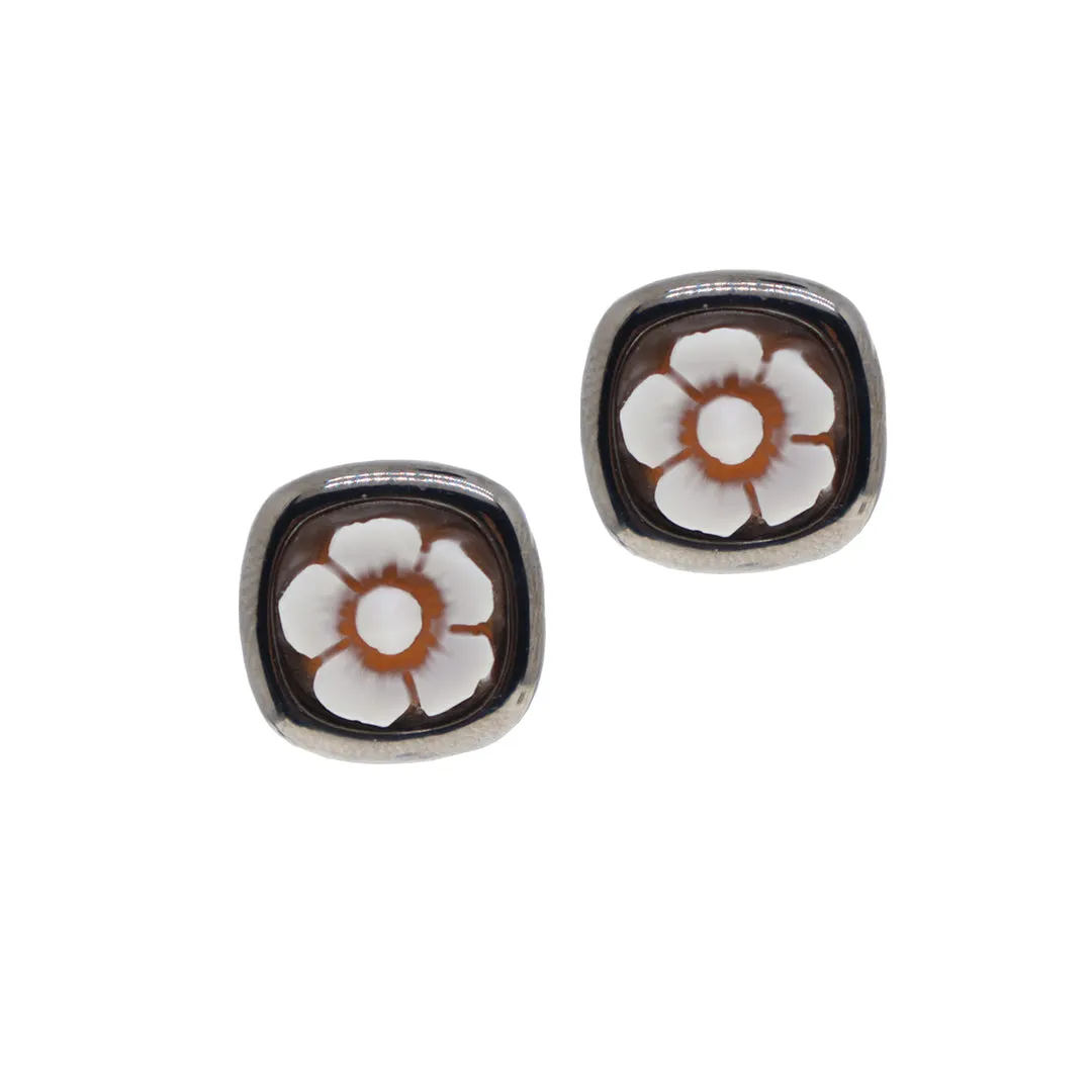 Flower Cameo Square Stud Earrings