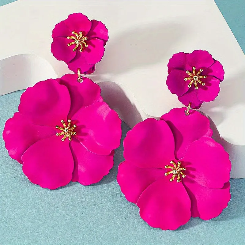 Flower Dangle Earrings Boho Layered Floral Petal Drop Earrings Statement Stud Earring For Women Girls Shiny Beautiful For Party