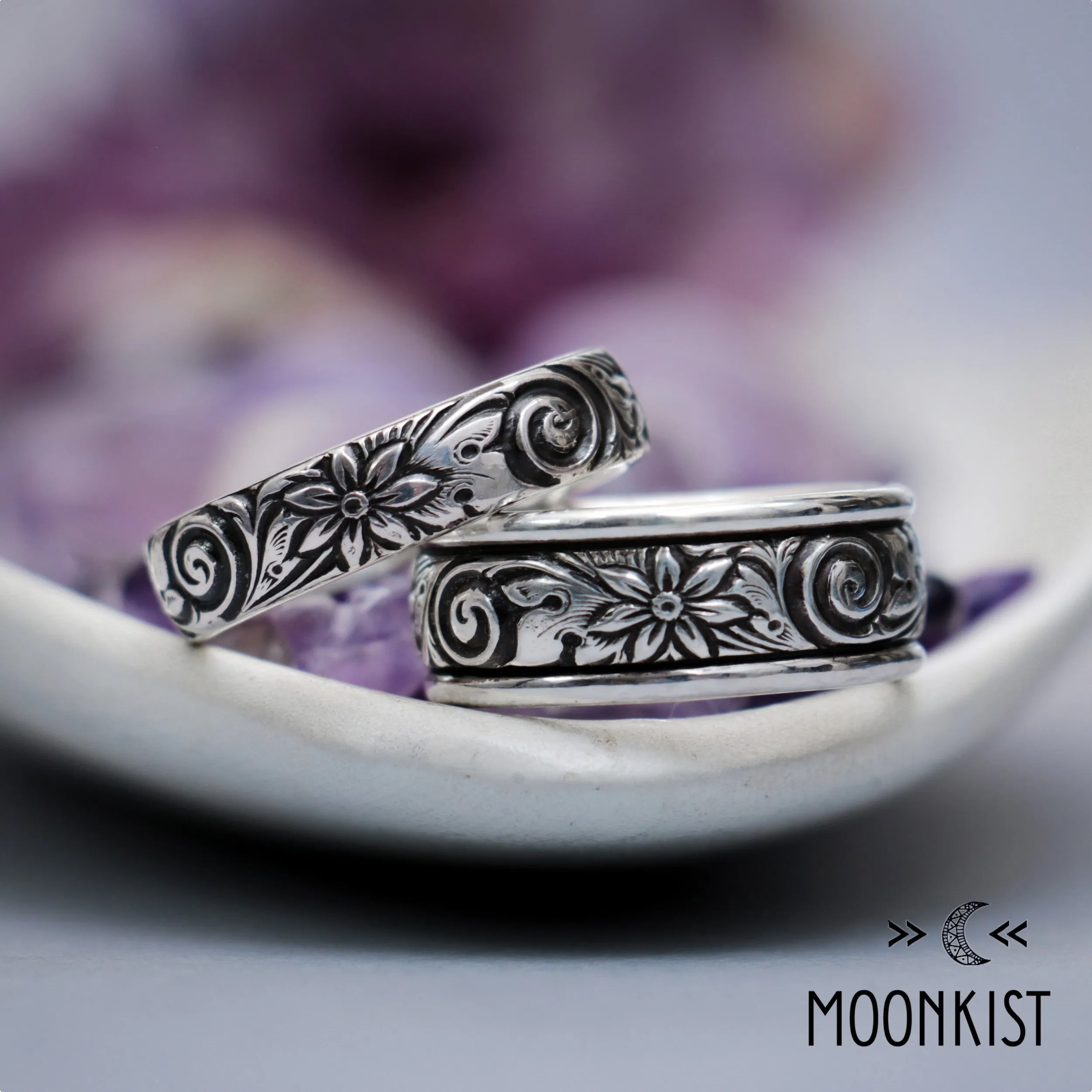 Free Spirit Wide Silver Flower and Spiral Wedding Ring | Moonkist Designs